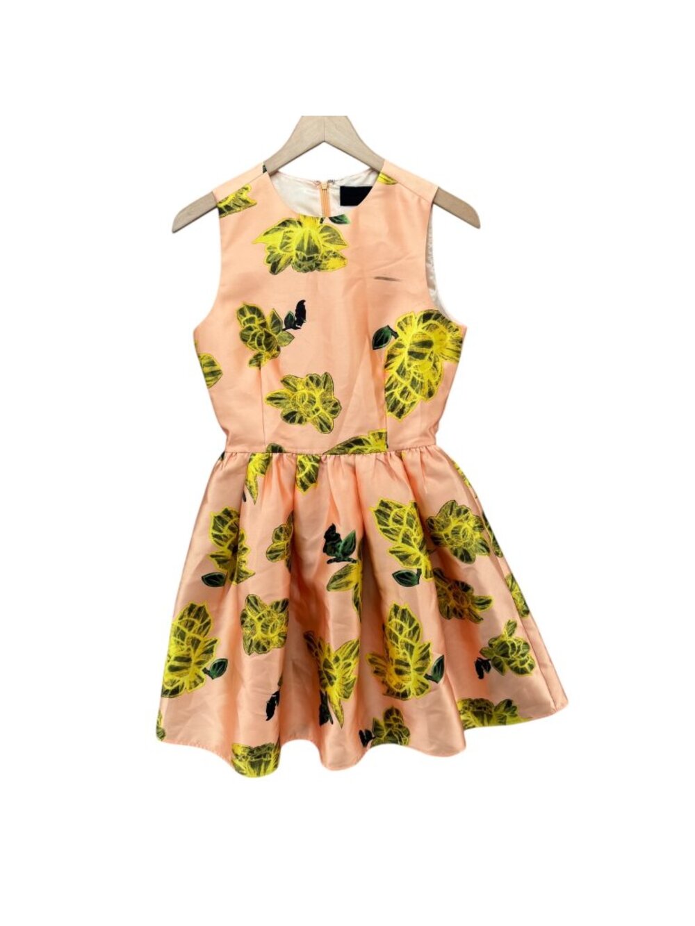 Blaque Label Fit Flare Dress Peach Yellow Floral Sleeveless Pleated Size S
